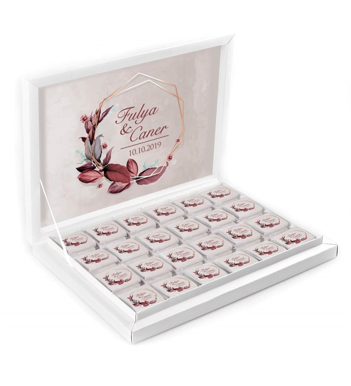 Bordo Çiçekli Dallı İsimli ve Tarihli Kutulu Söz & Nişan Çikolatası