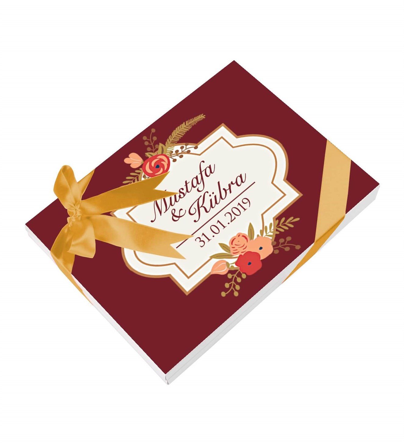 Bordo Çiçekli İsimli ve Tarihli Kutulu Söz & Nişan Çikolatası