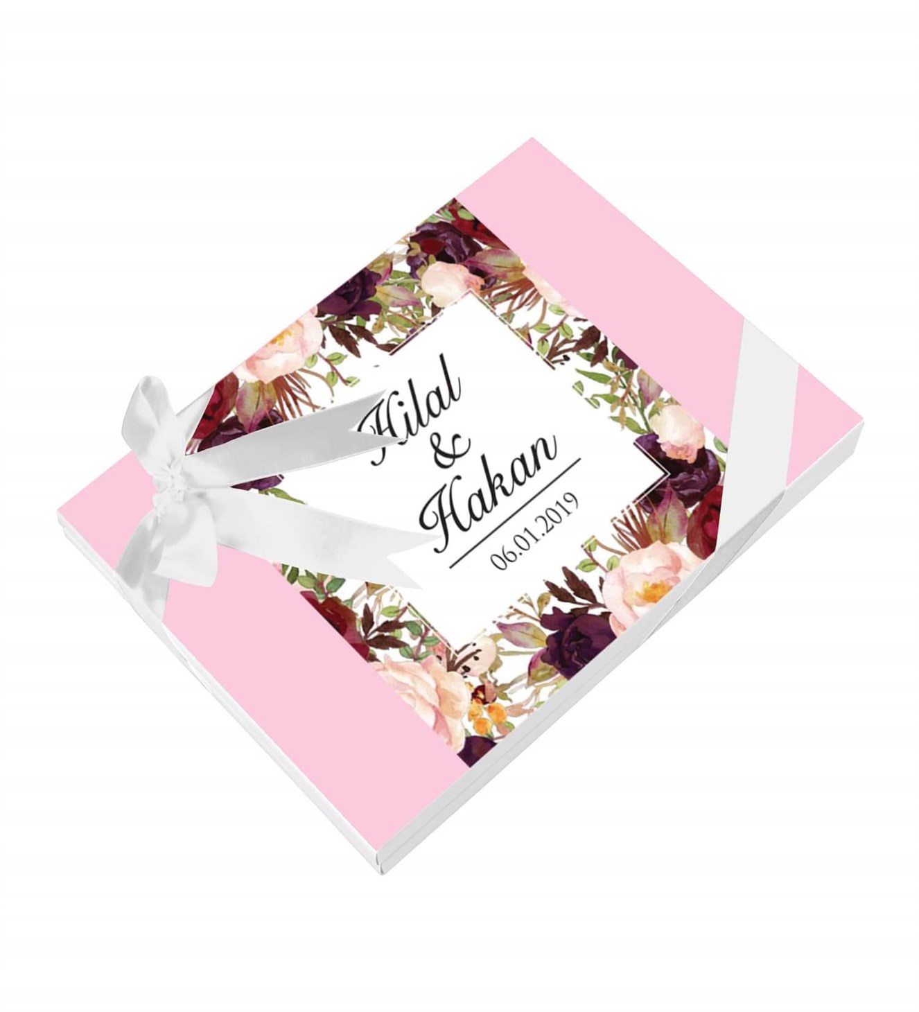 Bordo Pembe Çiçekli İsimli ve Tarihli Kutulu Söz & Nişan Çikolatası