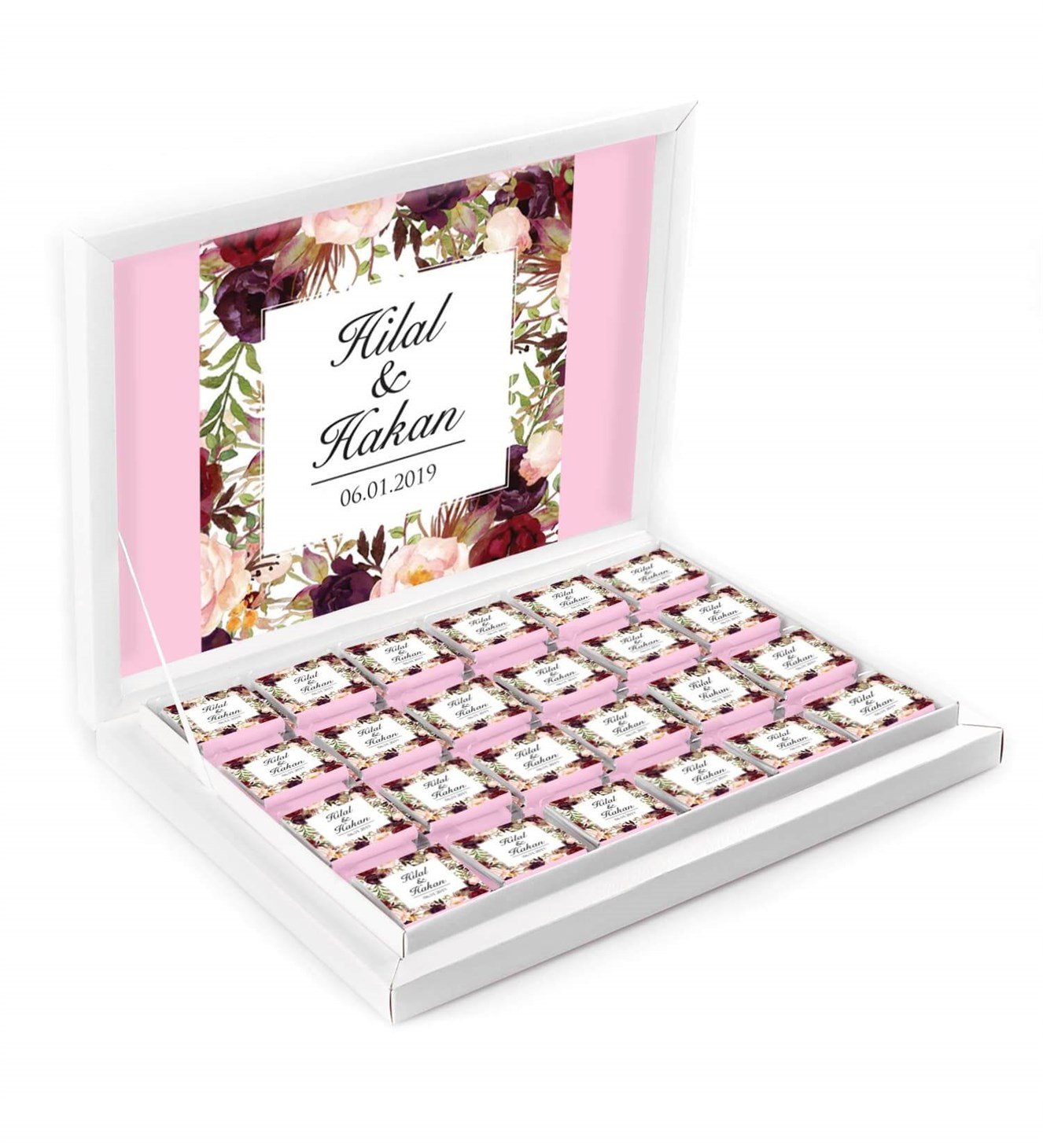 Bordo Pembe Çiçekli İsimli ve Tarihli Kutulu Söz & Nişan Çikolatası