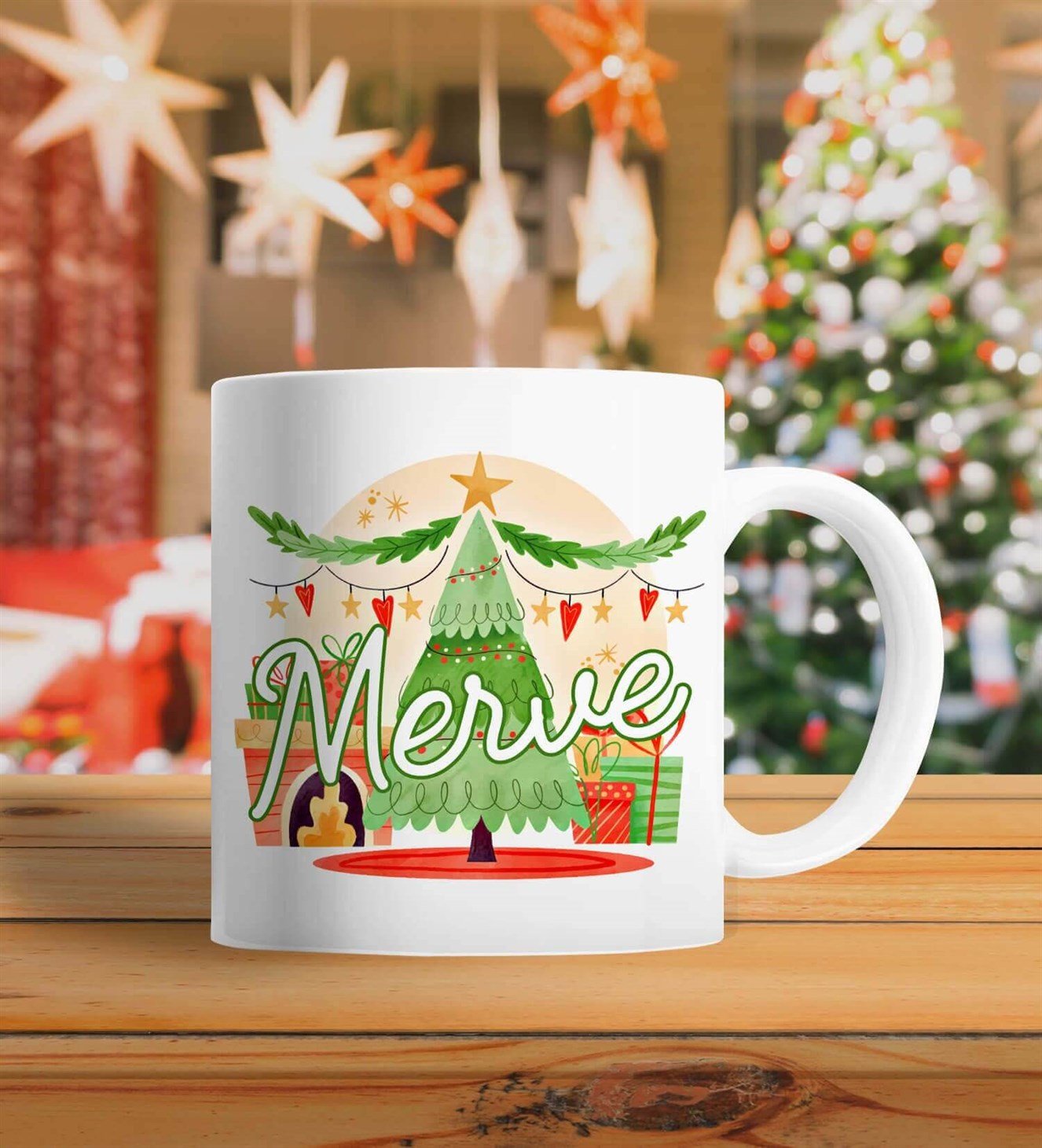 Çam Ağacı ve Hediye Paketleri İsme Özel Yılbaşı Hediyesi Kupa Bardak