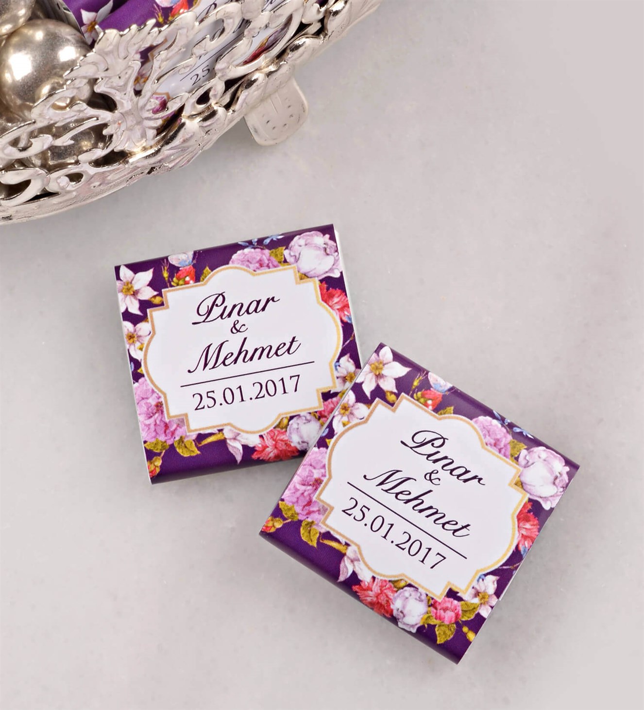 Çiçekli Mor İsimli Söz & Nişan Çikolatası