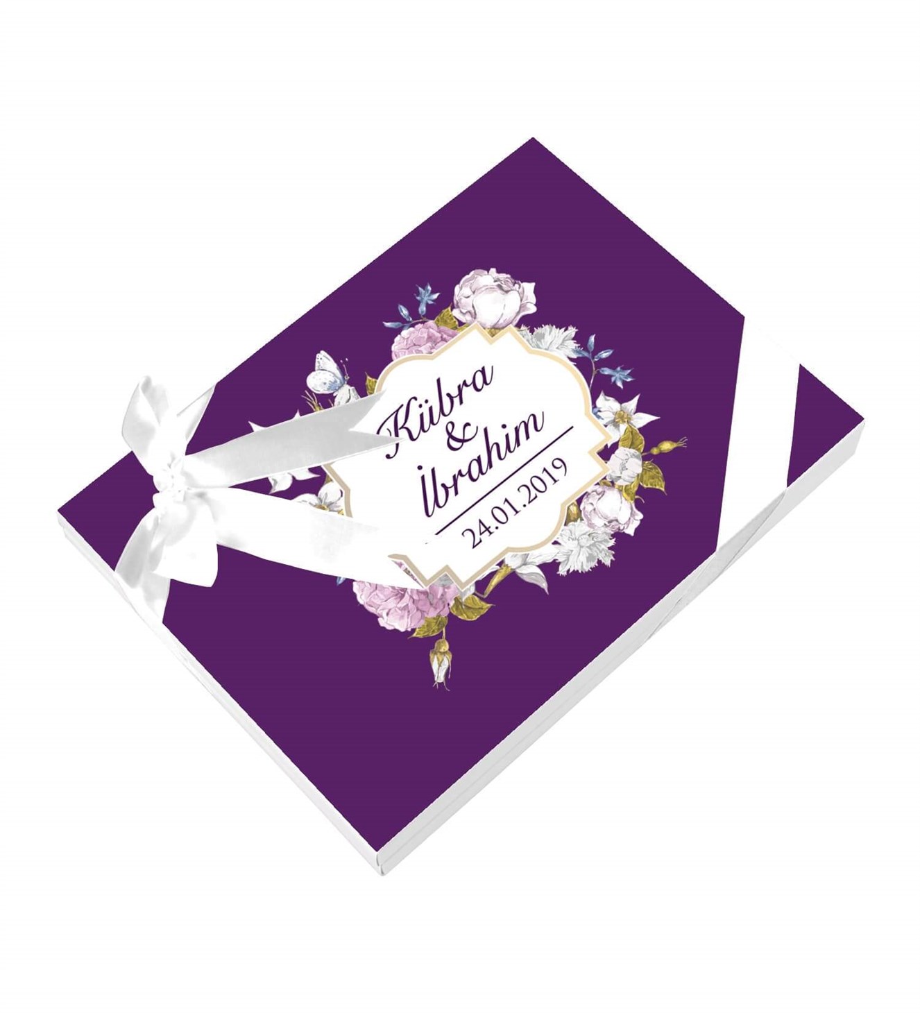 Çiçekli Mor İsimli ve Tarihli Kutulu Söz & Nişan Çikolatası