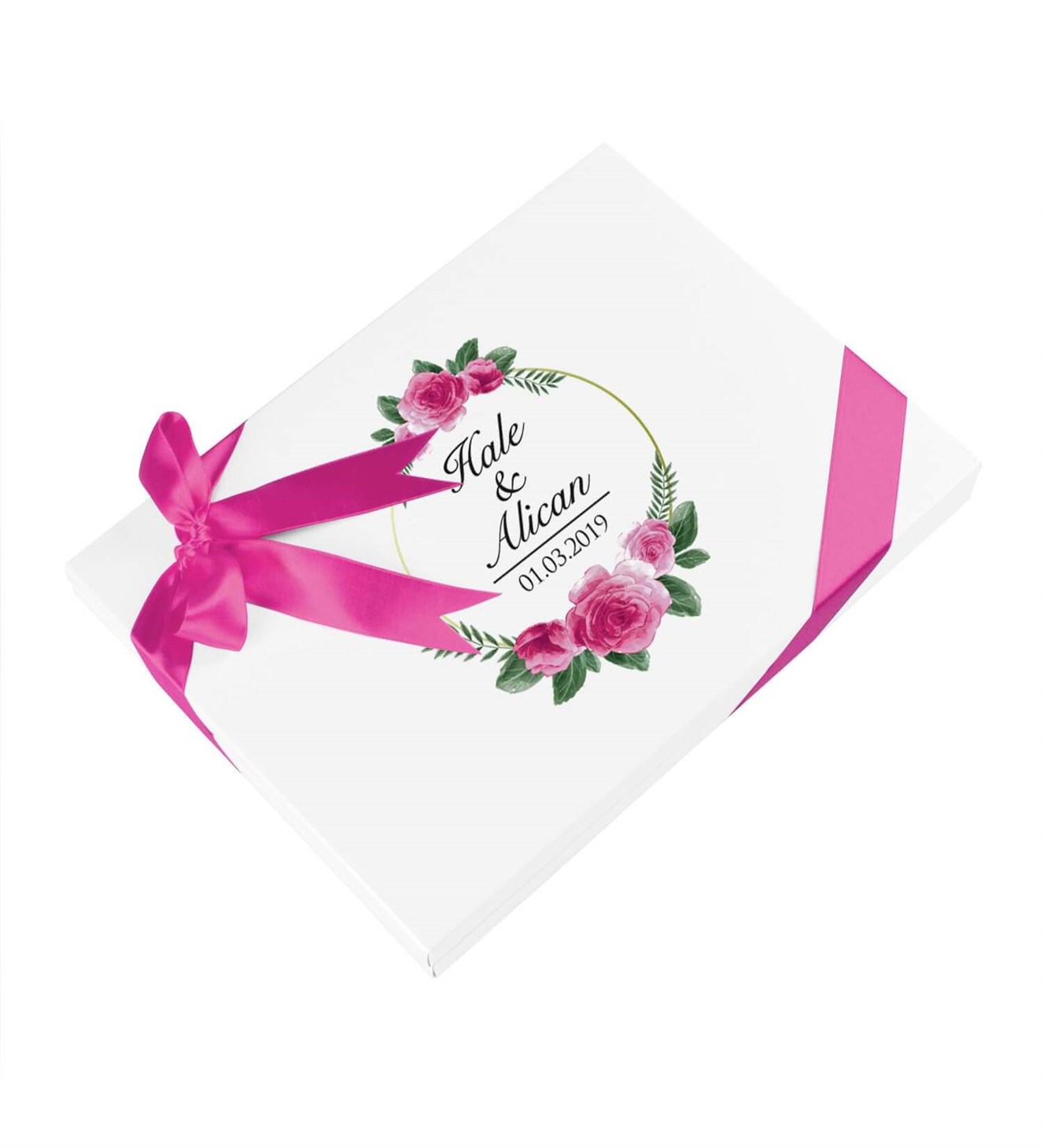 Fuşya Güller İsimli ve Tarihli Kutulu Söz & Nişan Çikolatası