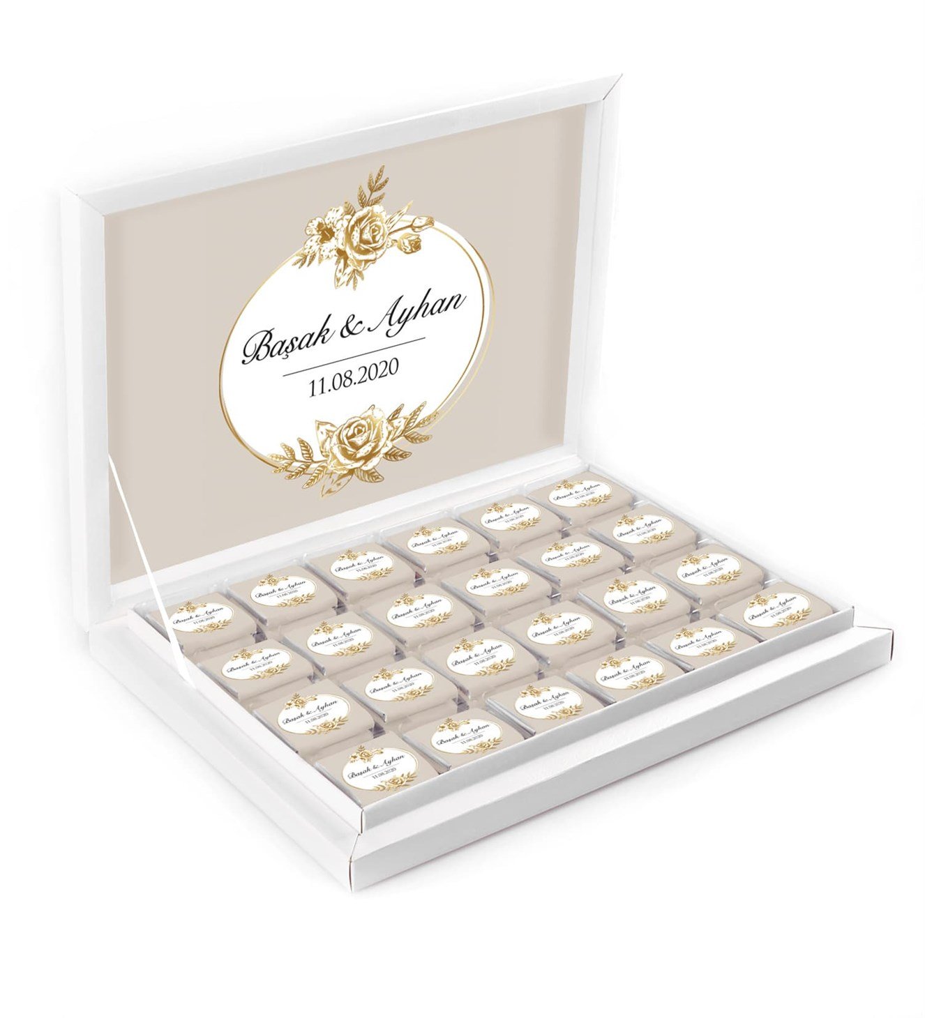 Gold Çiçekler İsimli ve Tarihli Kutulu Söz & Nişan Çikolatası
