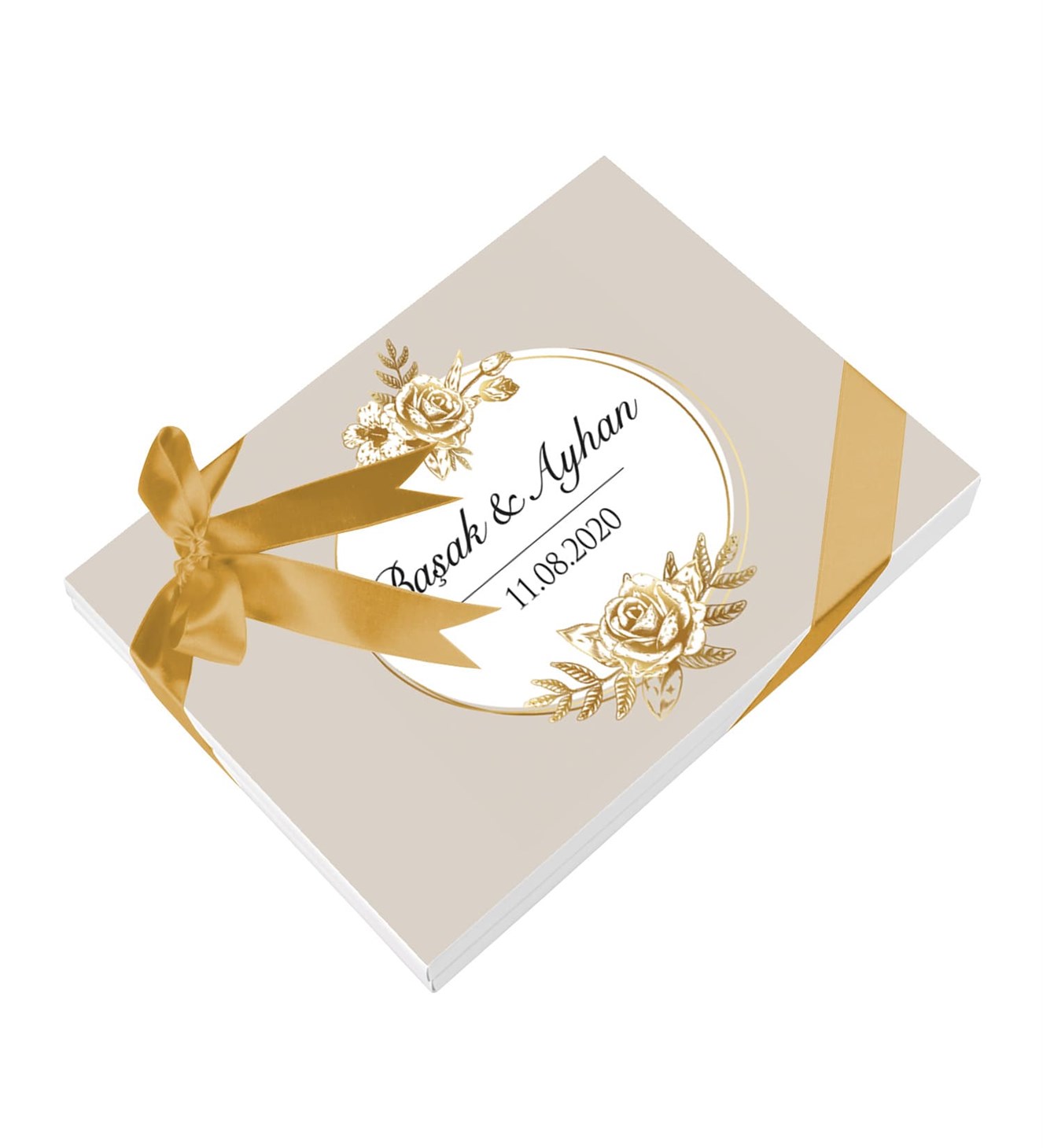 Gold Çiçekler İsimli ve Tarihli Kutulu Söz & Nişan Çikolatası