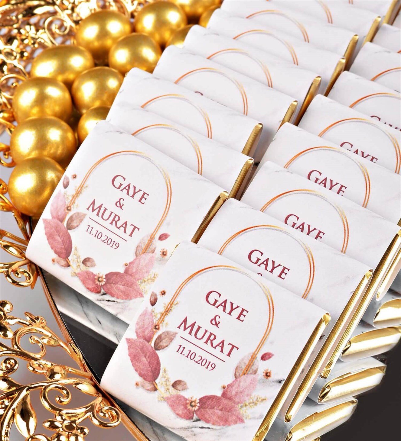 Gül Kurusu Çiçekli İsimli 50 Adet Söz & Nişan Çikolatası