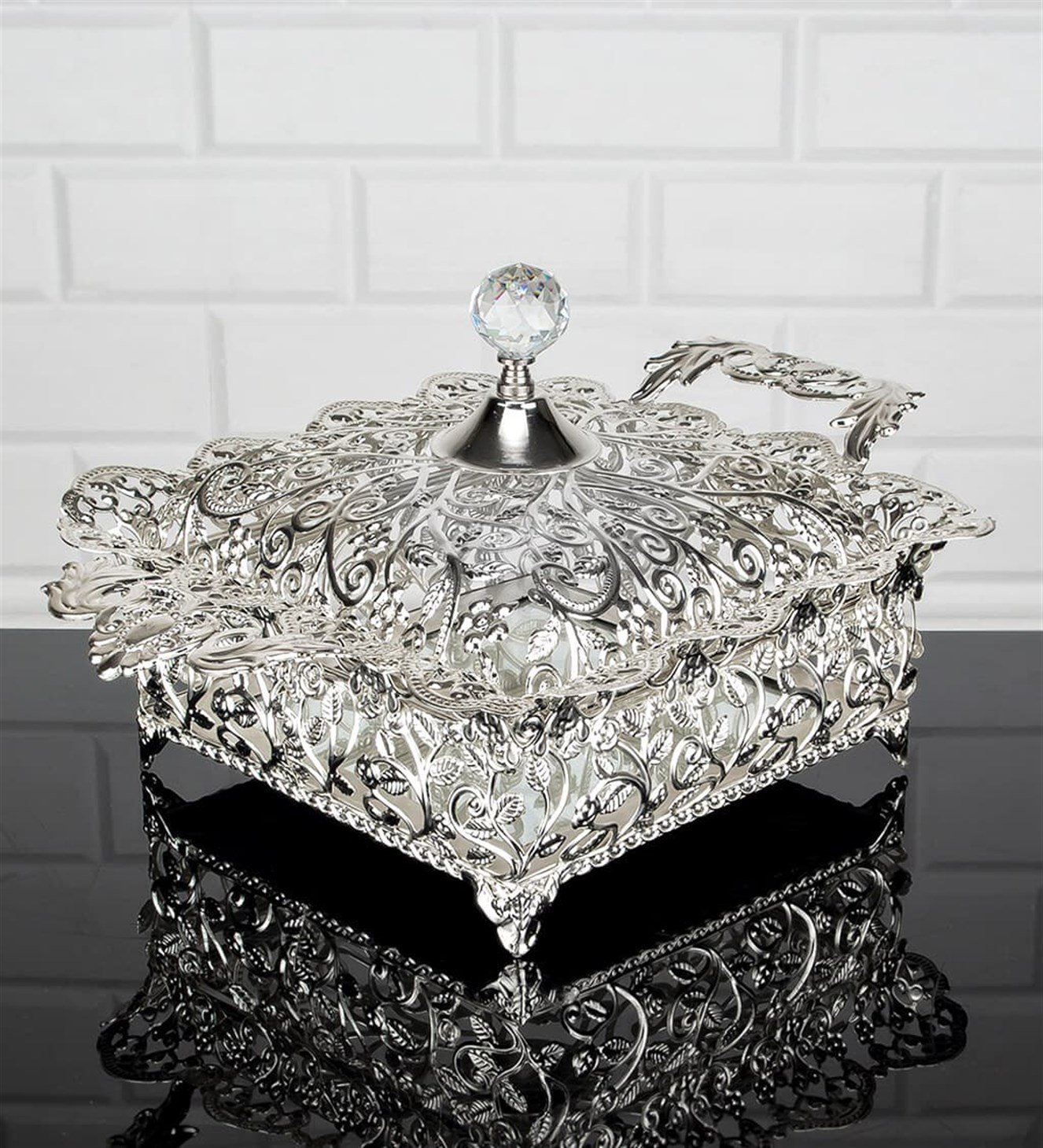 Gümüş Kare Kristal Taşlı Söz & Nişan Şekerliği