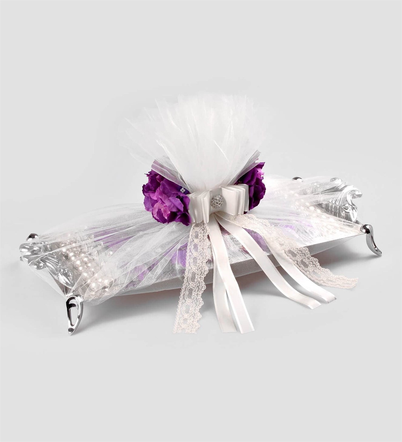 Gümüş Mor Çiçekli ve İsimli Söz & Nişan Çikolata Tepsisi