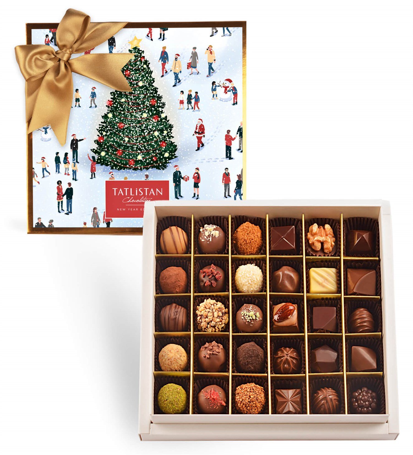 Işıklı Ağaç ve Kardaki Mutluluk 15 Çeşitli Artisan Çikolata 30'lu