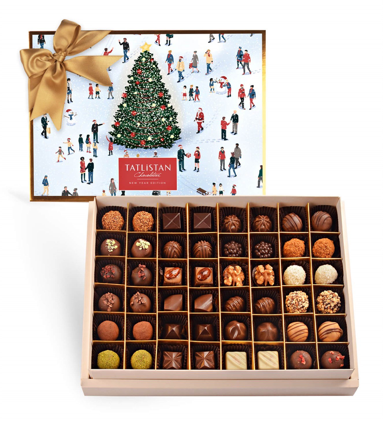 Işıklı Ağaç ve Kardaki Mutluluk 24 Çeşitli Artisan ve Trüf Çikolata 48'li