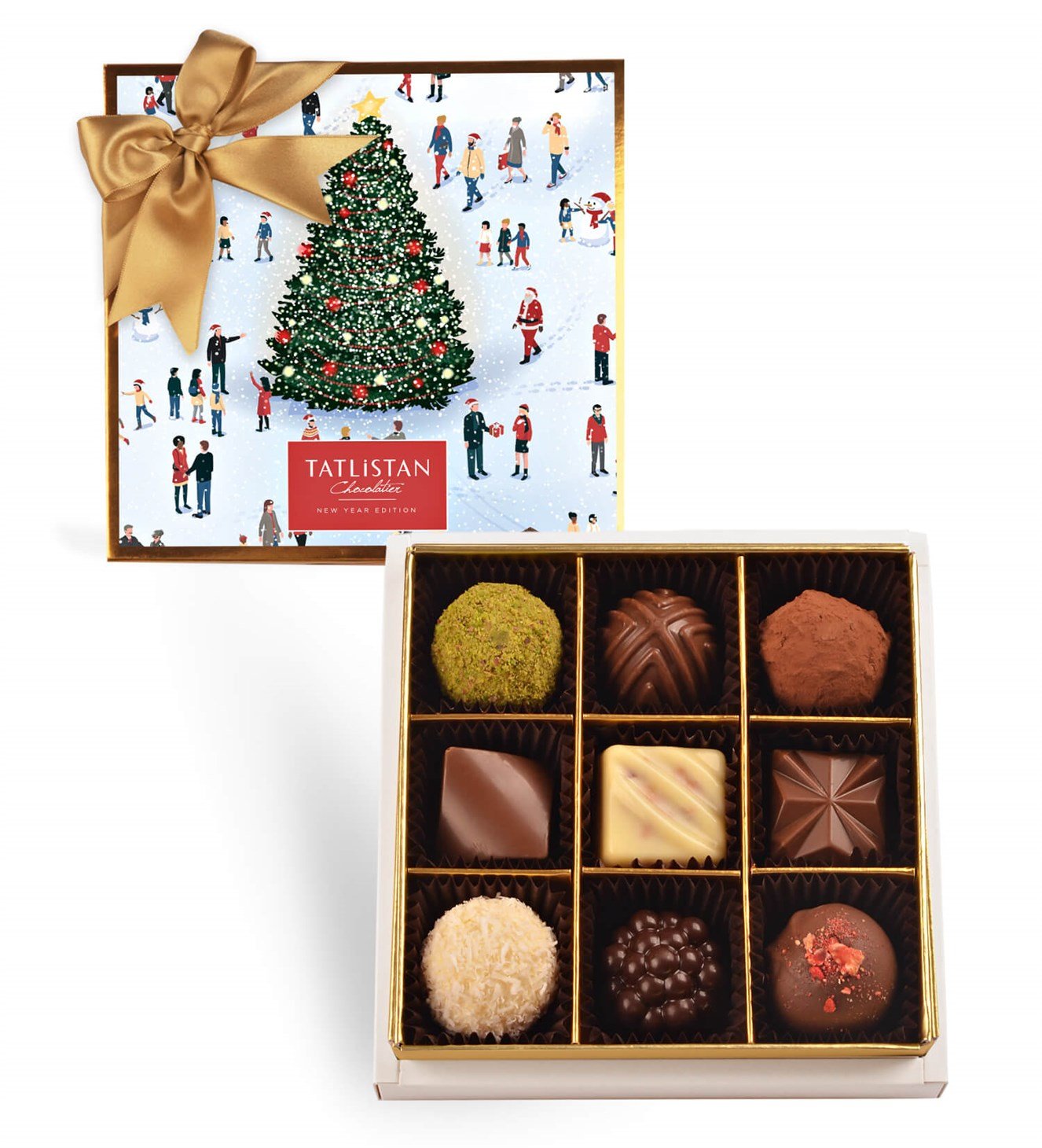 Işıklı Ağaç ve Kardaki Mutluluk 9 Çeşitli Artisan ve Trüf Çikolata 9'lu