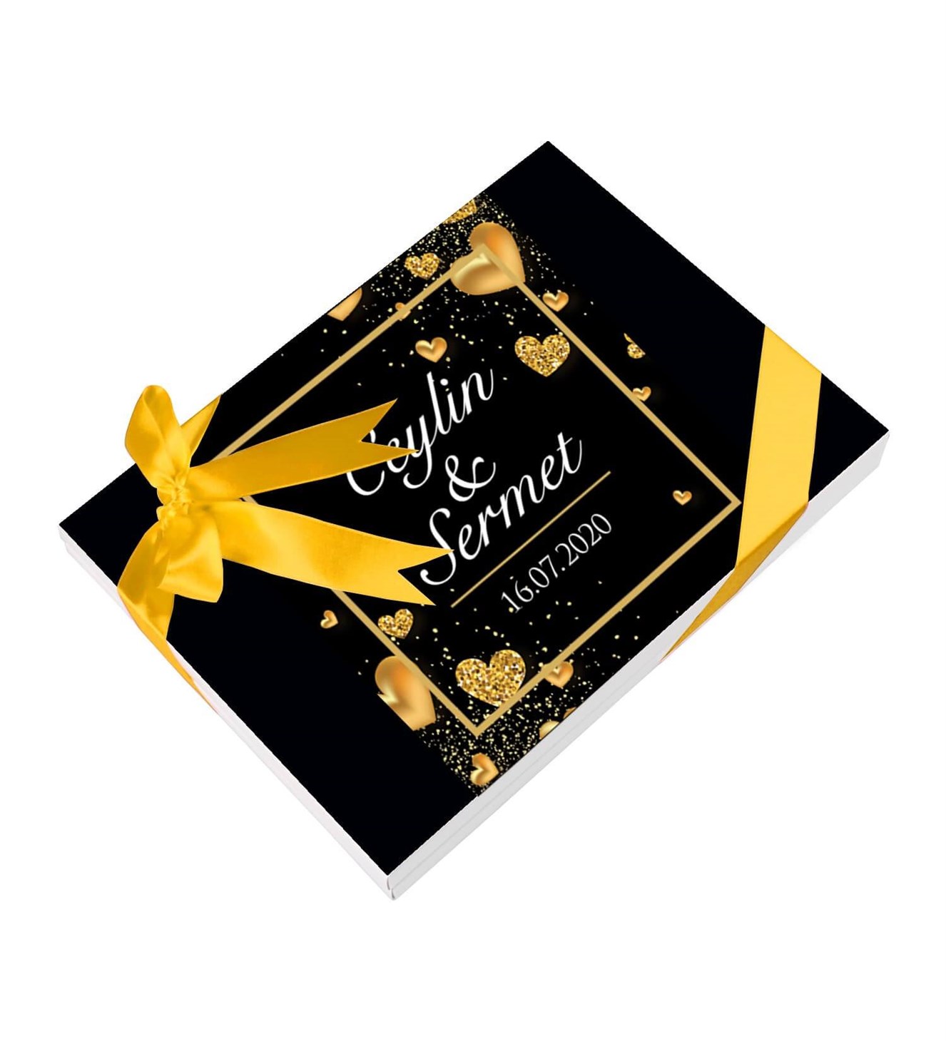 Işıltılı Gold Kalpler İsimli ve Tarihli Kutulu Söz & Nişan Çikolatası