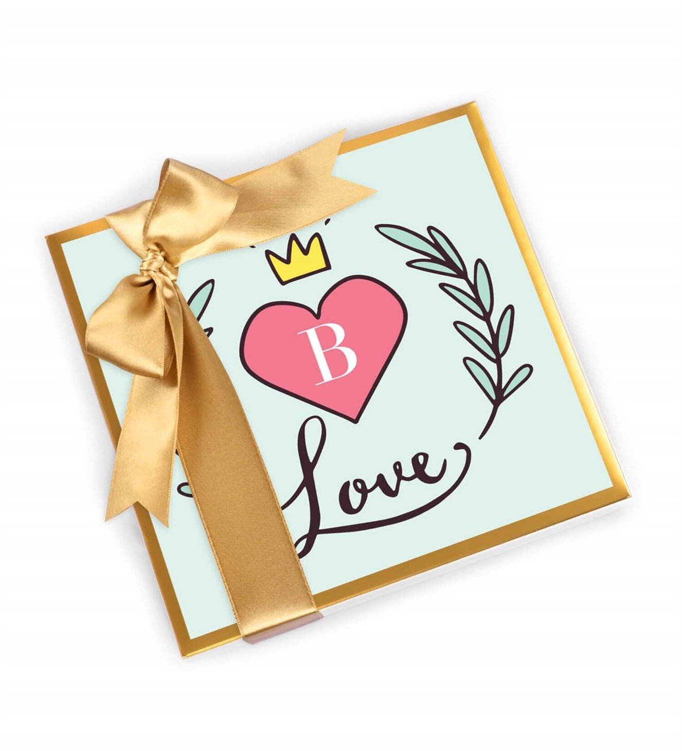 İsme Özel Baş Harfli, Kalp ve Taçlı Tasarım Kutulu Spesiyal Çikolata 9'lu