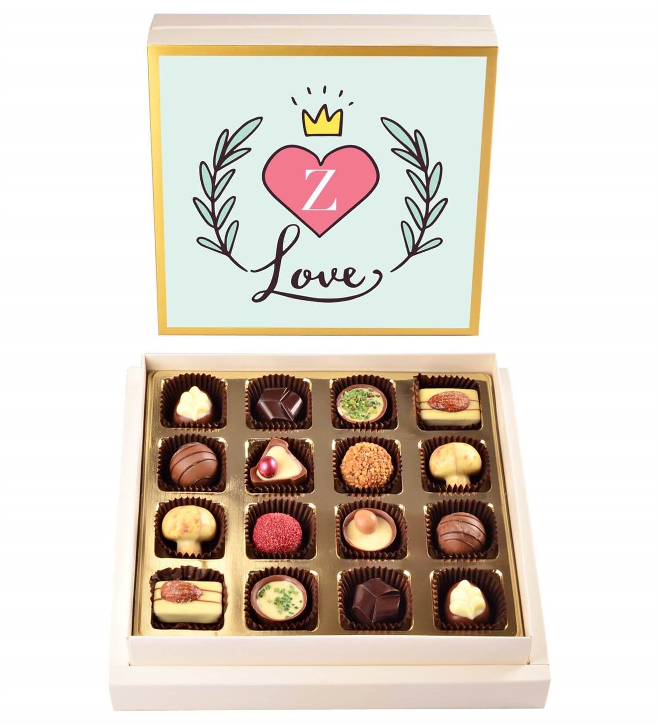 İsme Özel Baş Harfli, Kalp ve Taçlı Tasarım Kutulu Spesiyal Çikolata 16'lı