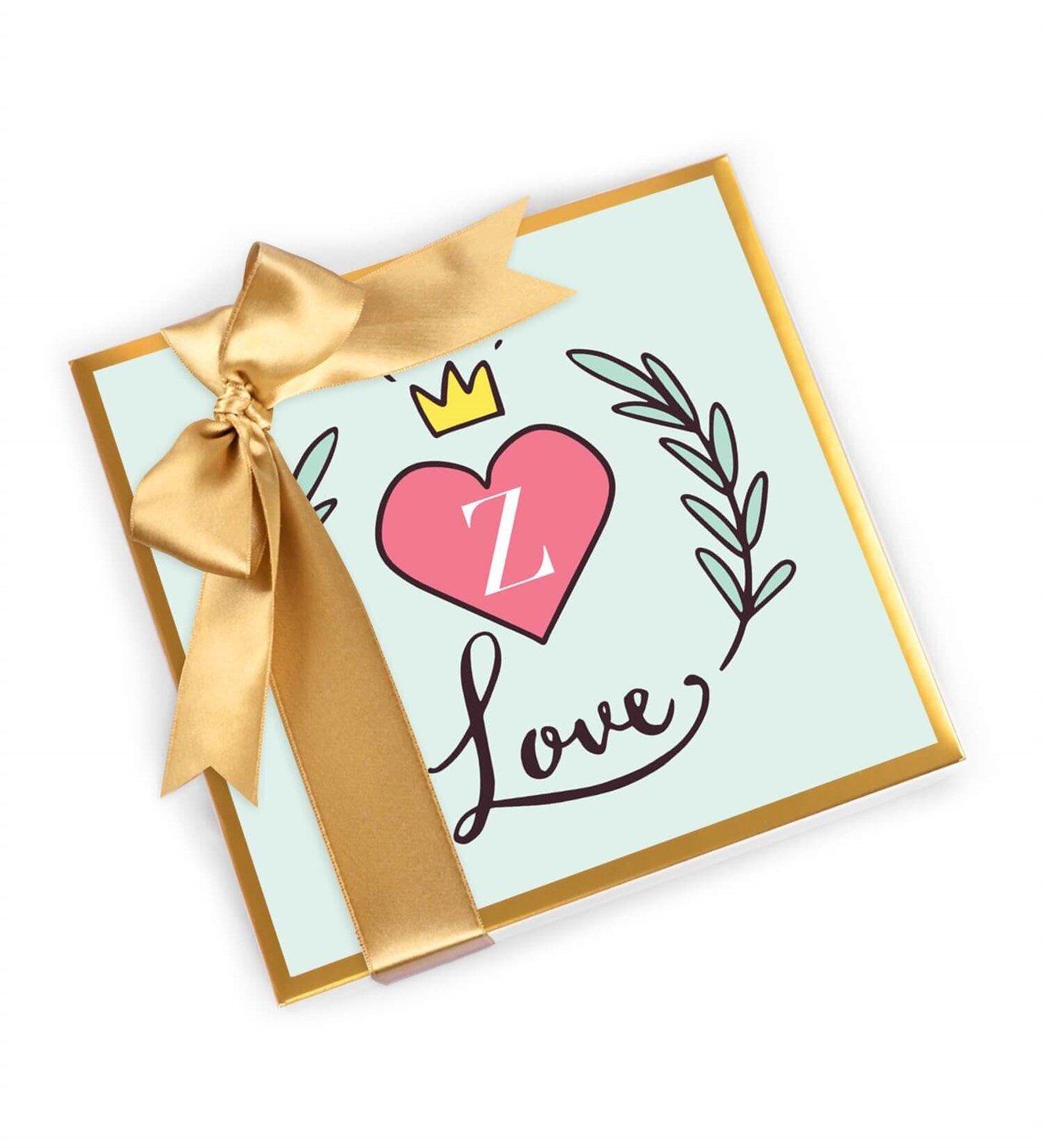 İsme Özel Baş Harfli, Kalp ve Taçlı Tasarım Kutulu Spesiyal Çikolata 16'lı