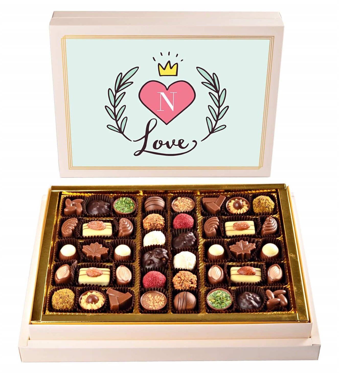 İsme Özel Baş Harfli, Kalp ve Taçlı Tasarım Kutulu Spesiyal Çikolata 42'li