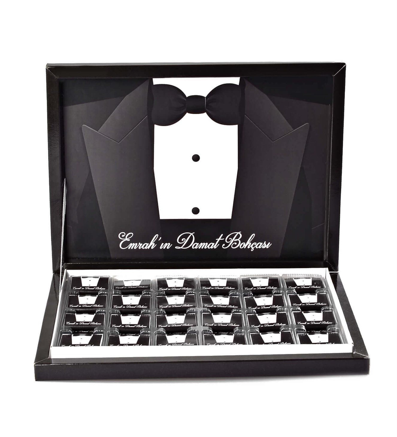 İsme Özel Damat Bohçası Siyah Kutulu 48'li Çikolata