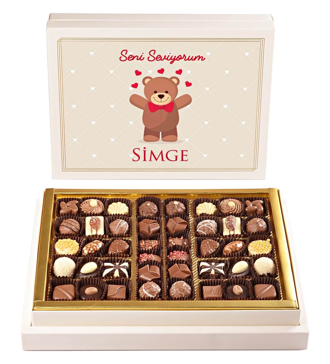 İsme Özel Kalpli Ayıcık Tasarımlı Spesiyal Çikolata 42'li