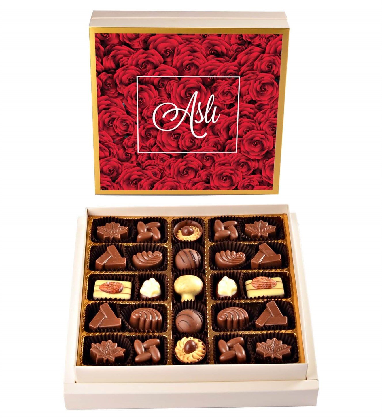 İsme Özel Kırmızı Gül Tasarım Kutulu Spesiyal Çikolata 16'lı