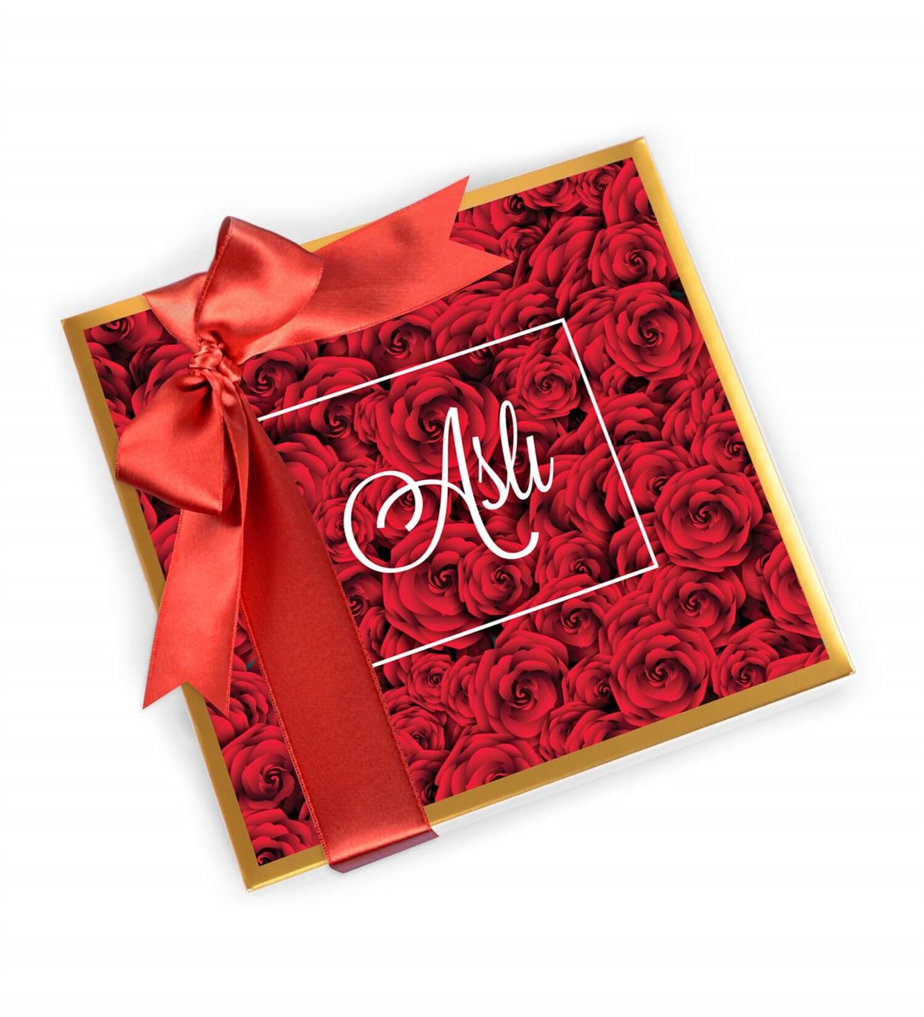 İsme Özel Kırmızı Gül Tasarım Kutulu Spesiyal Çikolata 16'lı