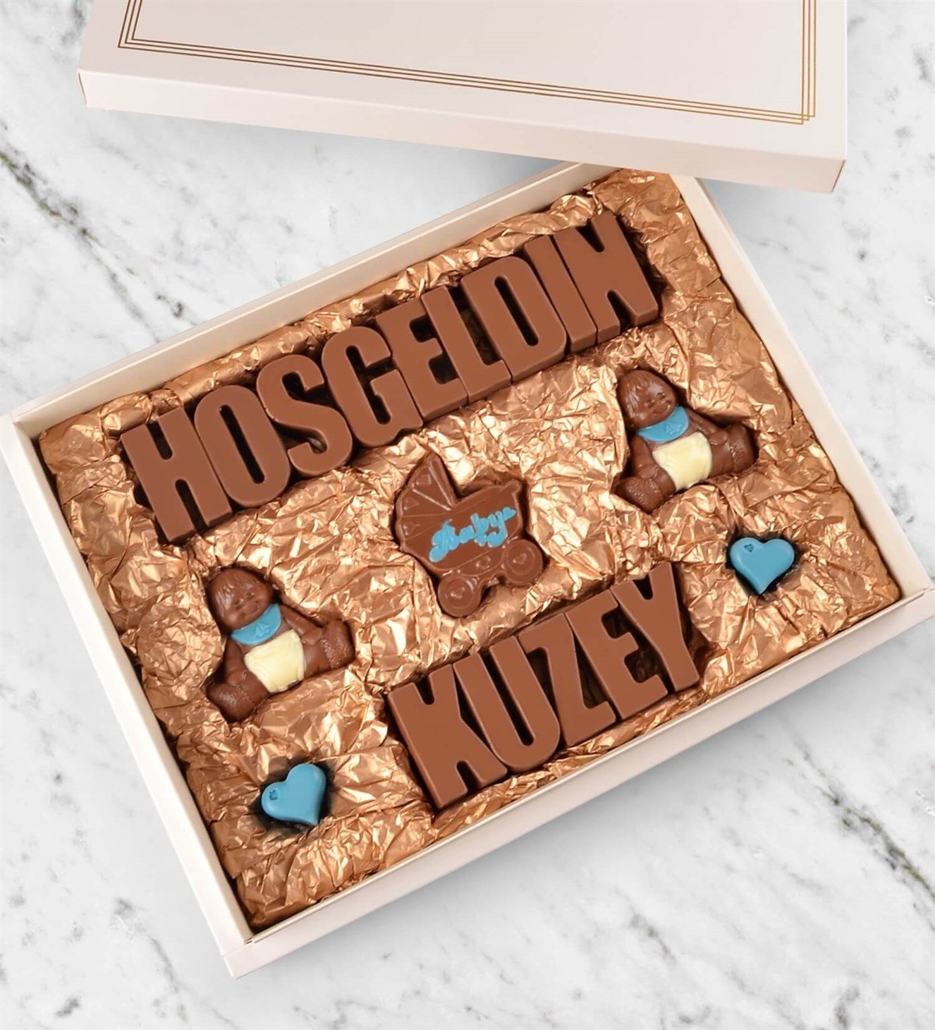 İsme Özel ve Hoş Geldin Yazılı, Erkek Bebek Doğum Çikolatası