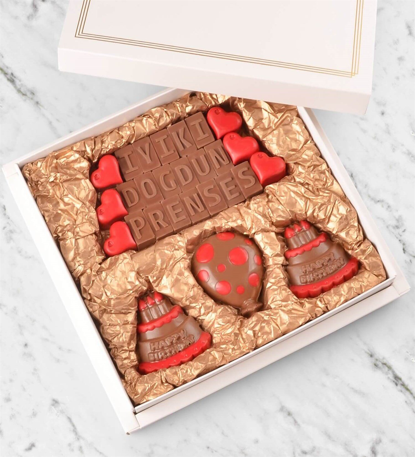 İyi ki Doğdun Prenses Yazılı, Pasta ve Balonlu Doğum Günü Çikolatası