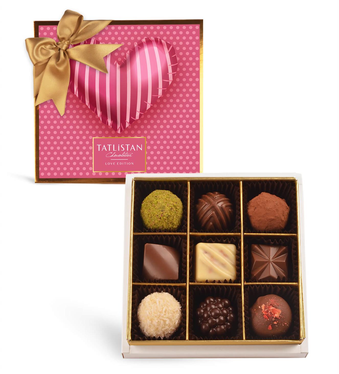 Kalp Balon Tasarımlı Kutuda 9 Çeşitli Artisan Çikolata 9'lu