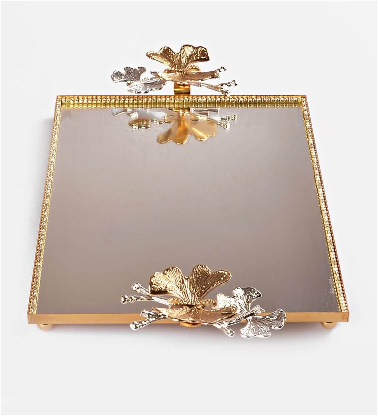 Kelebekli Gümüş Gold Detaylı Aynalı Söz & Nişan Tepsisi