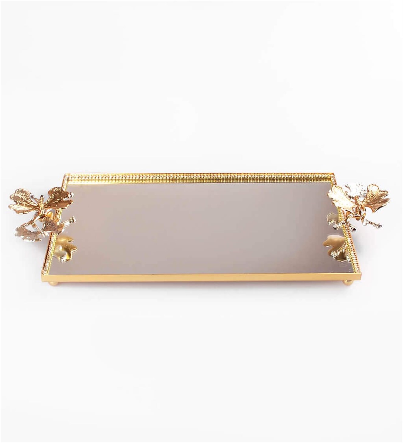 Kelebekli Gümüş Gold Detaylı Aynalı Söz & Nişan Tepsisi