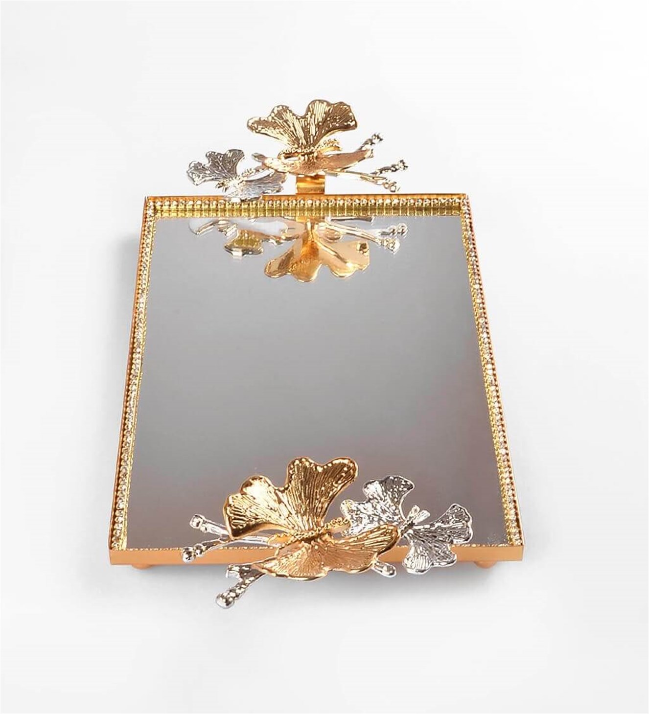 Kelebekli Gümüş Gold Detaylı Orta Boy Aynalı Söz & Nişan Tepsisi