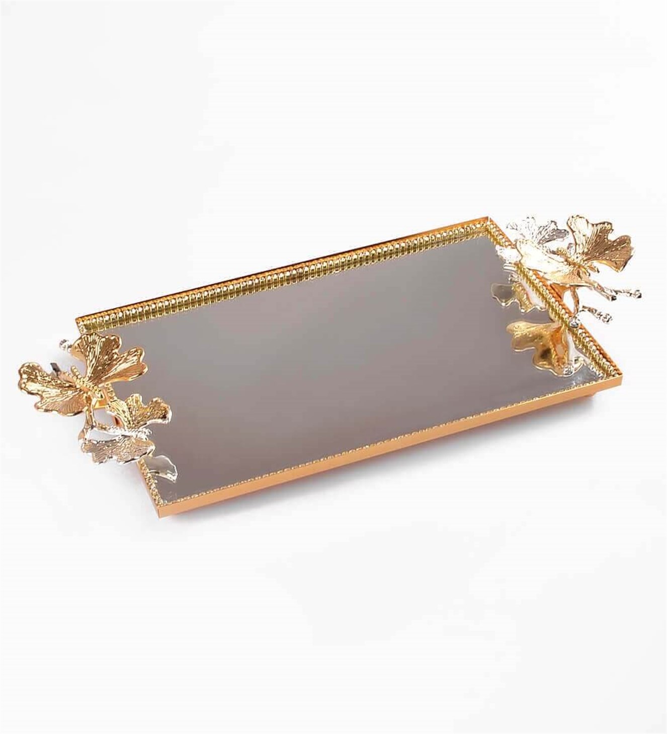 Kelebekli Gümüş Gold Detaylı Orta Boy Aynalı Söz & Nişan Tepsisi