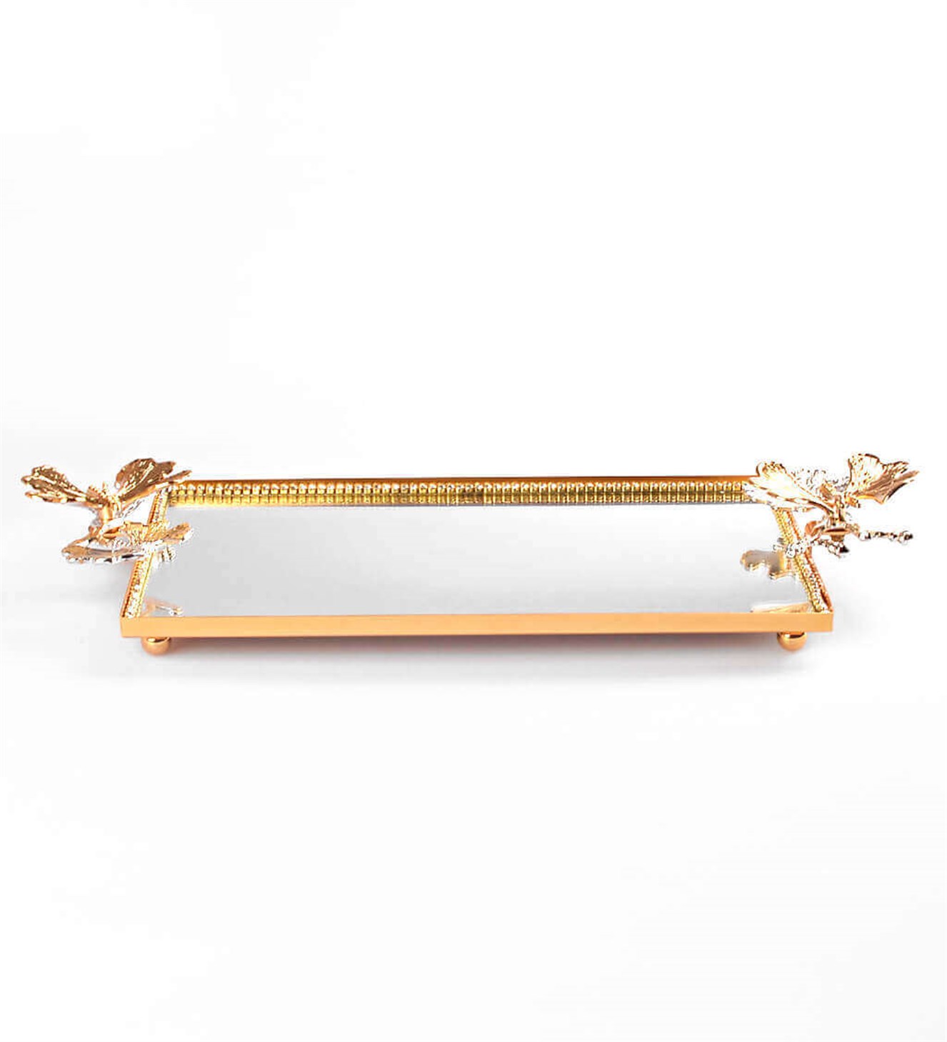 Kelebekli Gümüş Gold Detaylı Orta Boy Aynalı Söz & Nişan Tepsisi