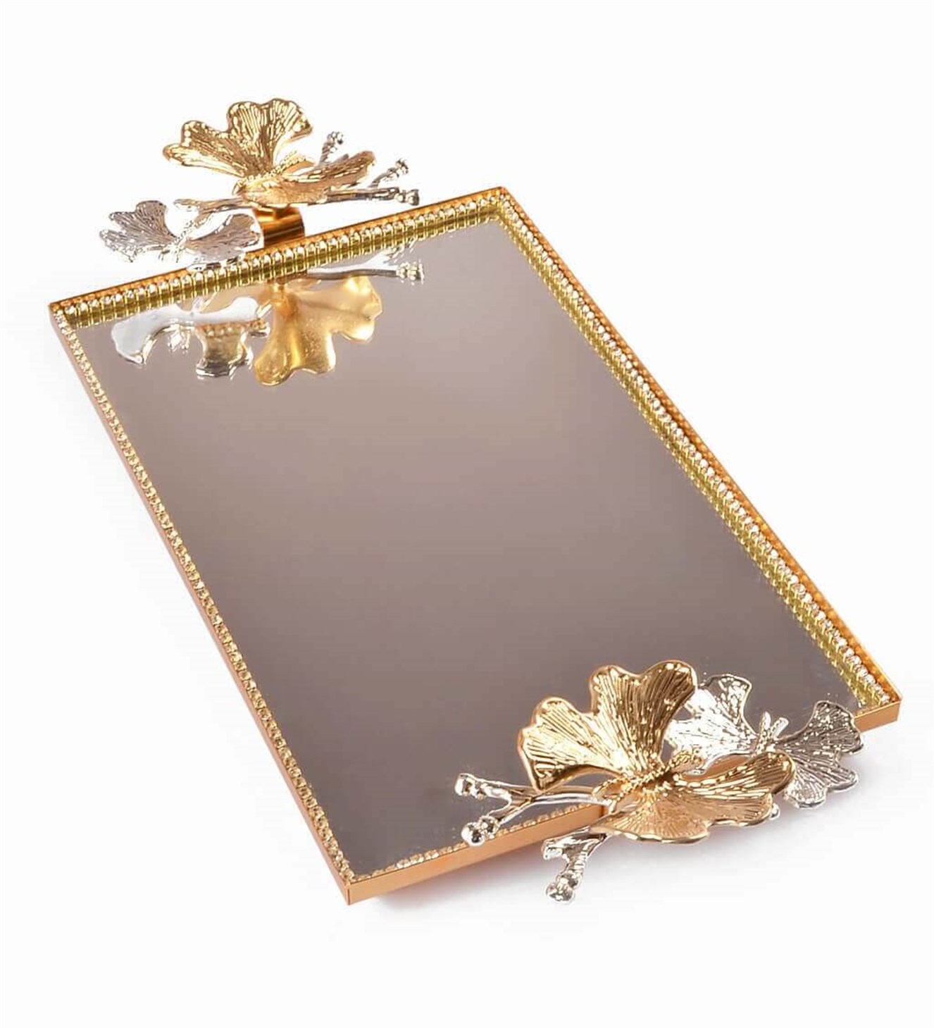 Kelebekli Gümüş Gold Detaylı Orta Boy Aynalı Söz & Nişan Tepsisi