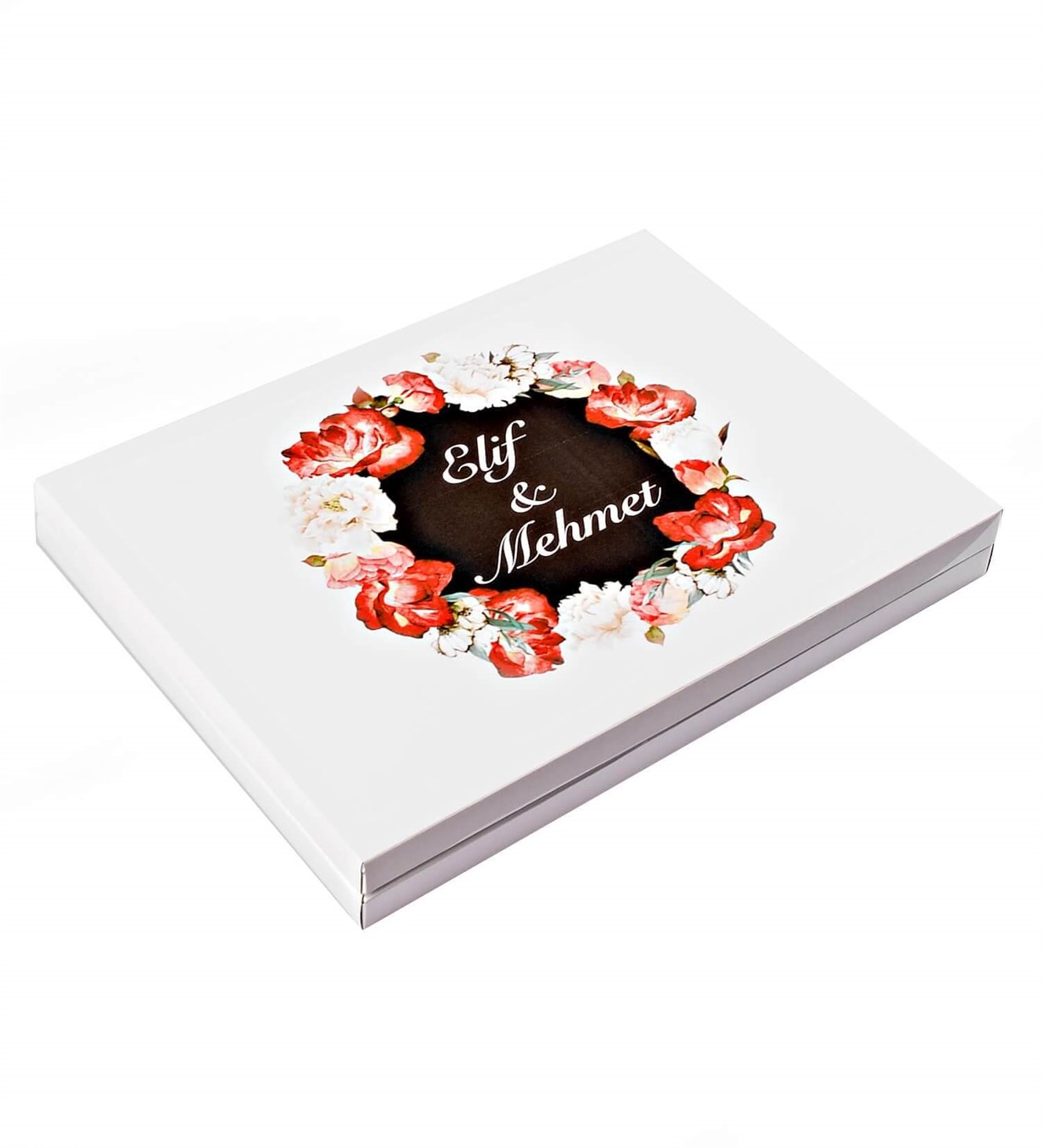 Kırmızı Beyaz Çiçekler İsimli ve Tarihli Kutulu 48'li Söz & Nişan Çikolatası