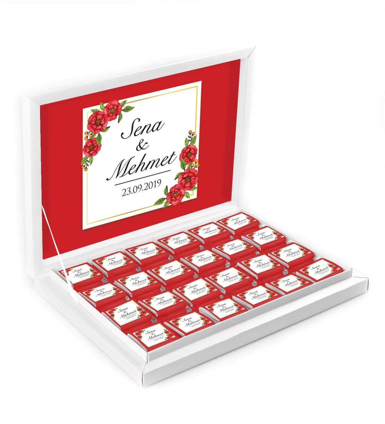 Kırmızı Çiçekler Dallar İsimli ve Tarihli Kutulu Söz & Nişan Çikolatası