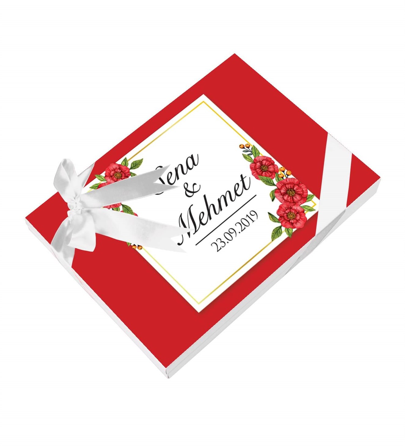 Kırmızı Çiçekler Dallar İsimli ve Tarihli Kutulu Söz & Nişan Çikolatası