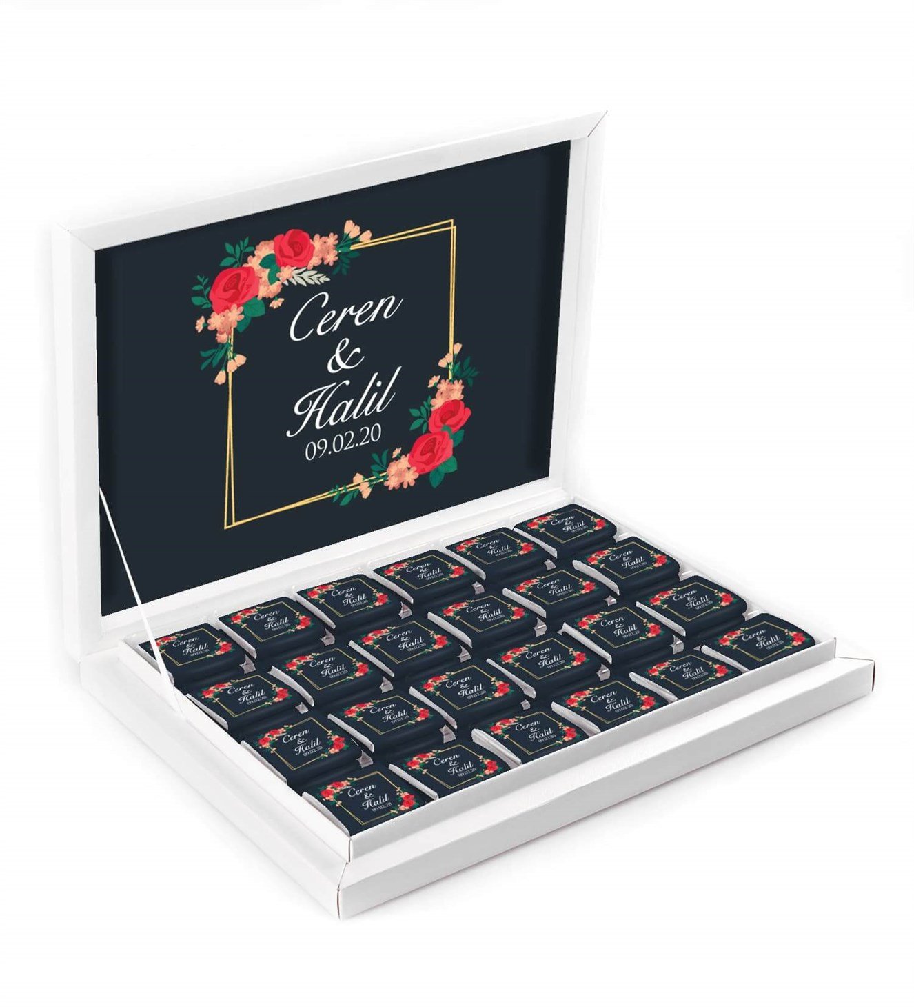 Kırmızı Güller İsimli ve Tarihli Kutulu Söz & Nişan Çikolatası
