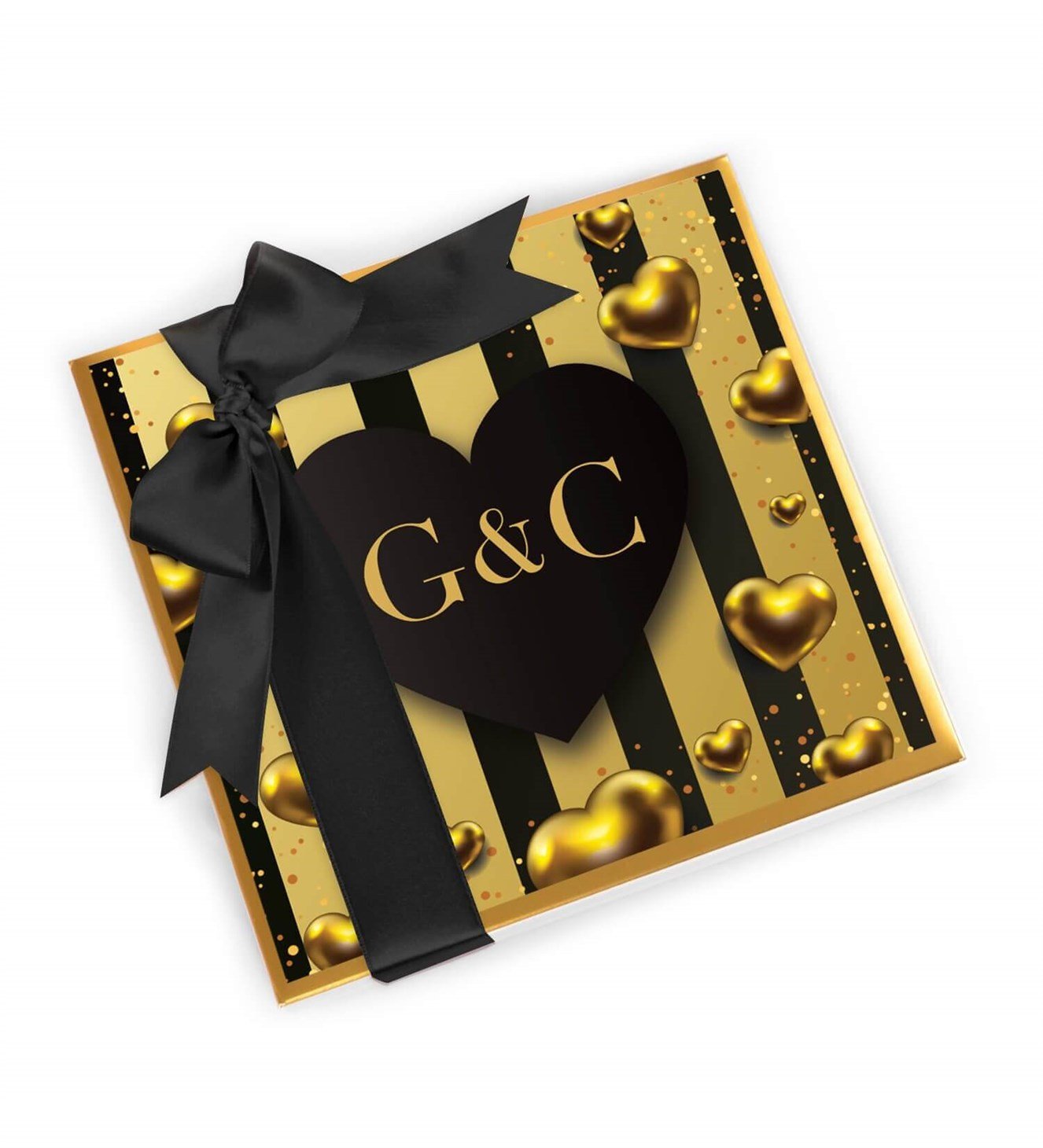 Kişiye Özel Altın ve Siyah Kalp Tasarım Kutulu Spesiyal Çikolata 9'lu