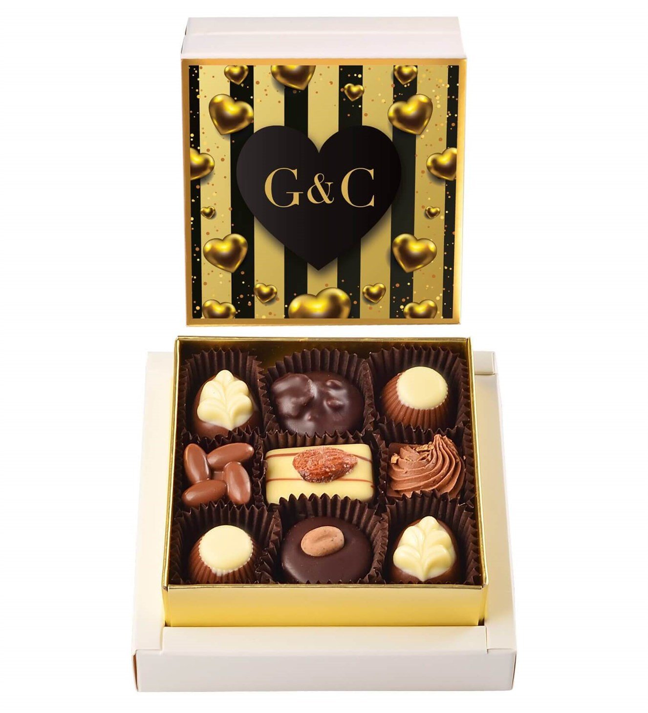 Kişiye Özel Altın ve Siyah Kalp Tasarım Kutulu Spesiyal Çikolata 9'lu
