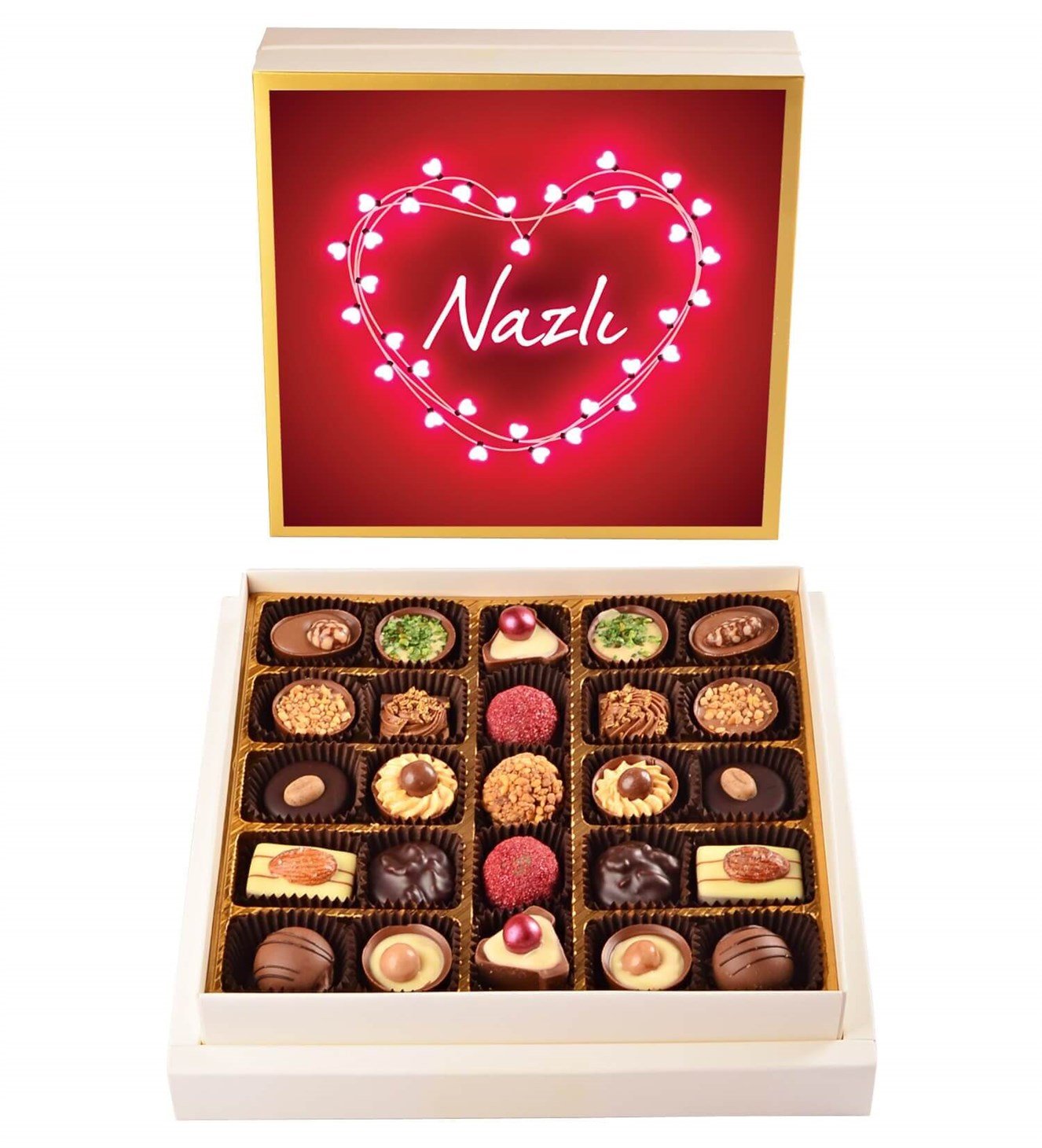 Kişiye Özel Işıltılı Kalp Tasarım Kutulu Spesiyal Çikolata 25'li