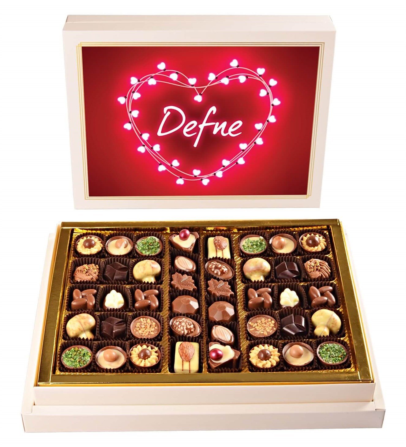 Kişiye Özel Işıltılı Kalp Tasarım Kutulu Spesiyal Çikolata 42'li