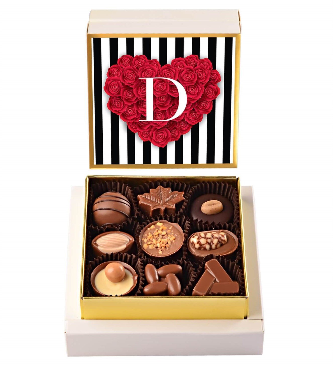 Kişiye Özel İsim Baş Harfli, Kalp Gül Tasarım Spesiyal Çikolata 9'lu