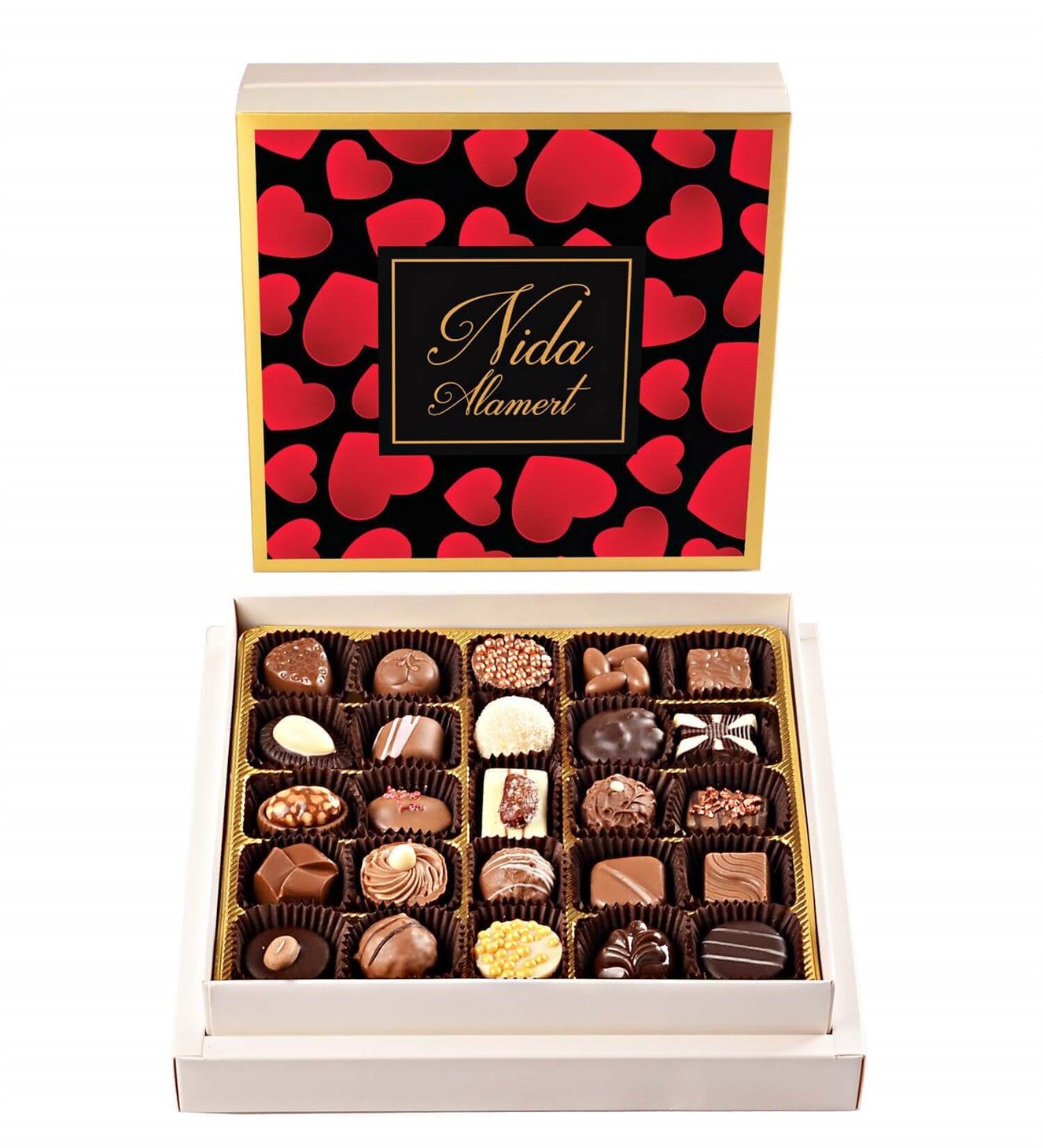 Kişiye Özel İsimli Kırmızı Kalp Tasarımlı Spesiyal Çikolata 25'li