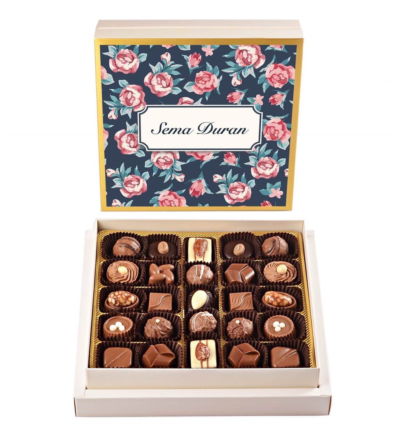 Kişiye Özel Pembe Çiçek Tasarım Kutulu Spesiyal Çikolata 25'li