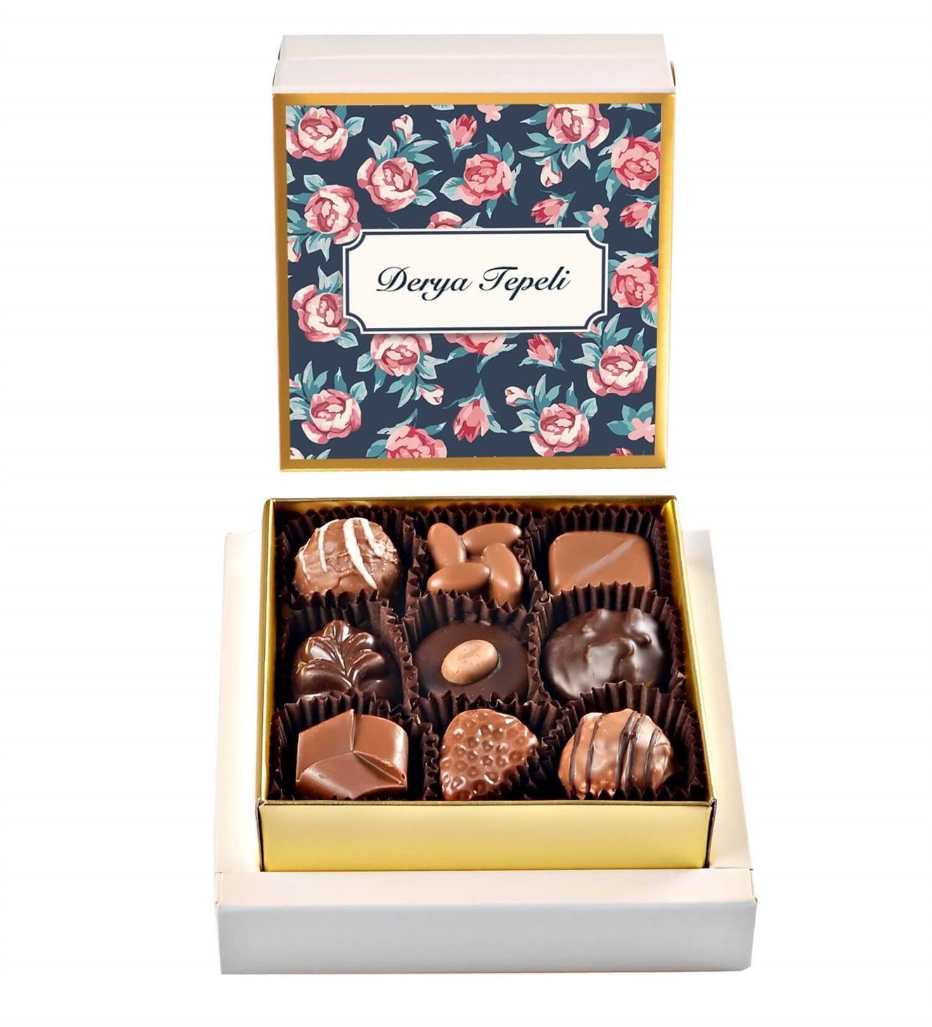 Kişiye Özel Pembe Çiçek Tasarım Kutulu Spesiyal Çikolata 9'lu