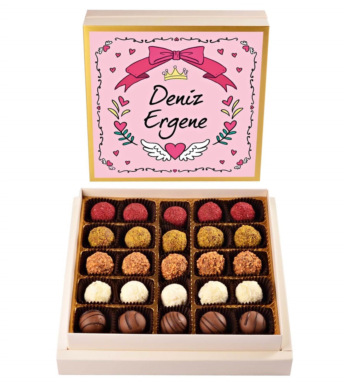 Kişiye Özel, Pembe Kalpli ve Melek Prenses Kutulu Spesiyal Çikolata 25'li