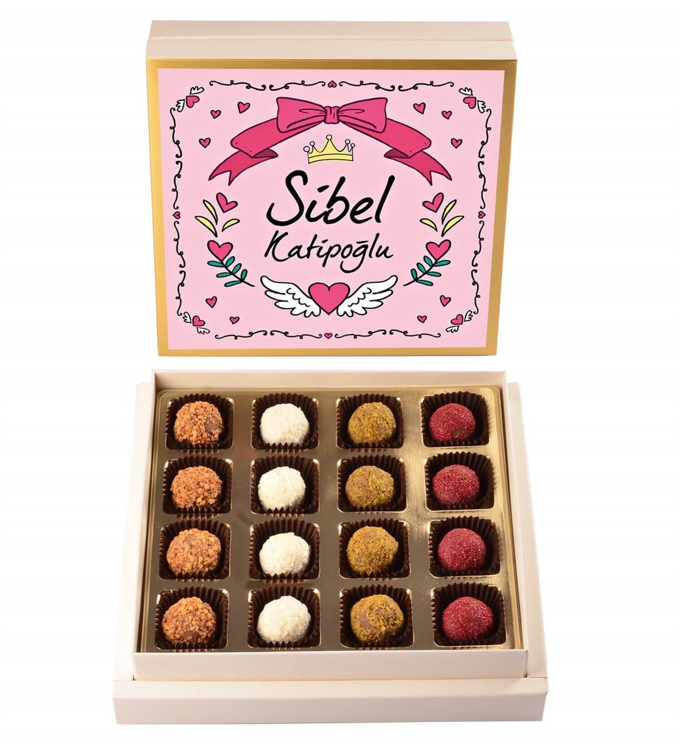 Kişiye Özel, Pembe Kalpli ve Melek Prenses Kutulu Spesiyal Çikolata 16'lı