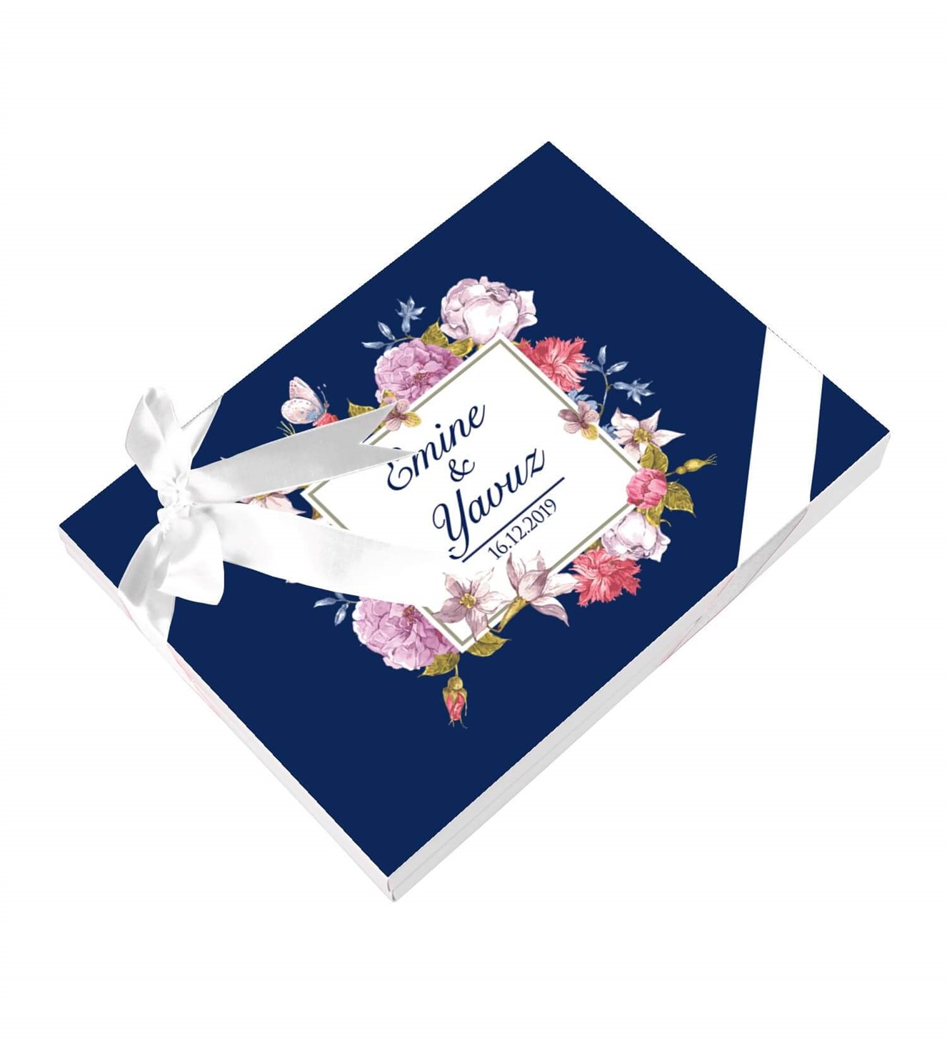 Lacivert Çiçekli İsimli ve Tarihli Kutulu Söz & Nişan Çikolatası