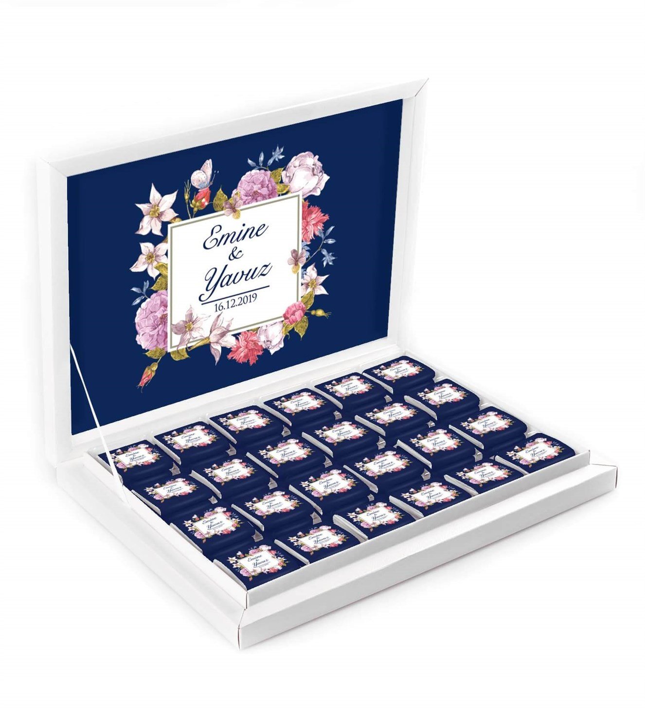 Lacivert Çiçekli İsimli ve Tarihli Kutulu Söz & Nişan Çikolatası